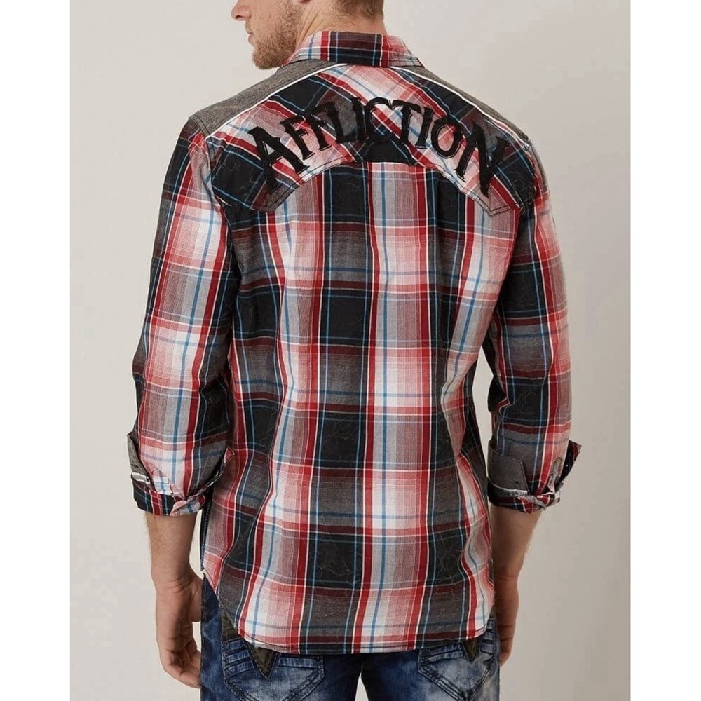 Affliction Black Premium Men's L Western Red Plaid Pearl Snap Shirt Embroidered - Picture 5 of 8